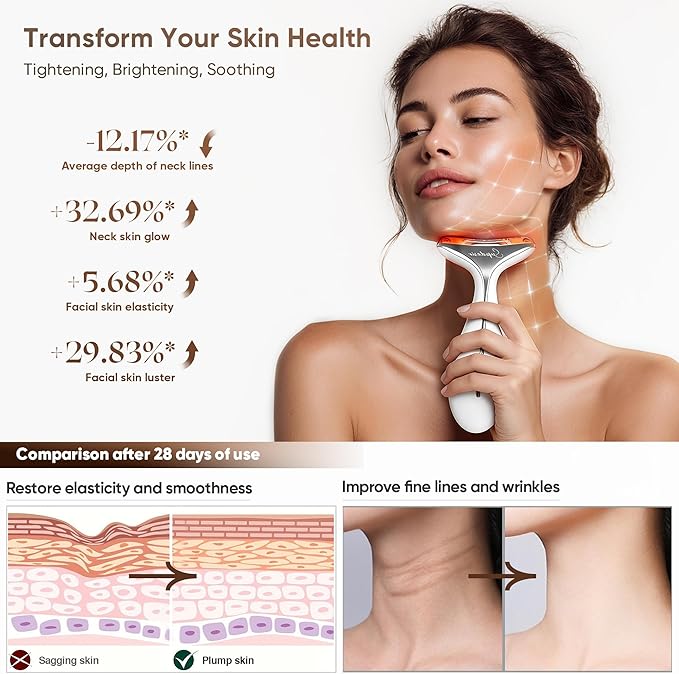 3-in-1 for Aurora Red Light for Face & Neck Beauty Massager, with Suction, Vibration, Heat, 3 Light Therapies for Skin Glow, Face Lift, Neck Firm, White