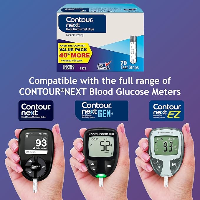 Ascensia Contour Next Blood Glucose Test Strips for Diabetes – 70 Count (1 Pack) - Accurate, No Coding, Second-Chance Sampling, Compatible with All Contour Next Meters for Easy Blood Sugar Testing