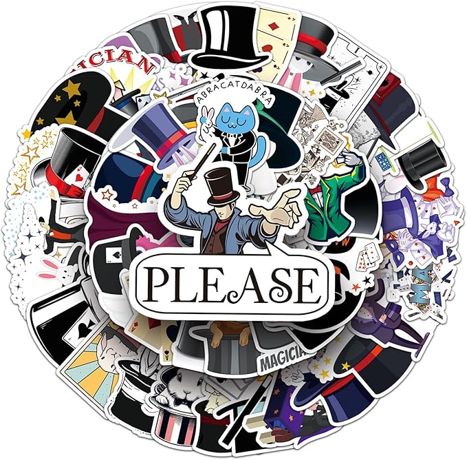 53pcs Magician Stickers, Waterproof Vinyl Stickers with Rabbit, Poker, Hat & Magic Wand Patterns, Suitable for Kids & Adults, Decor for Laptop, Phone