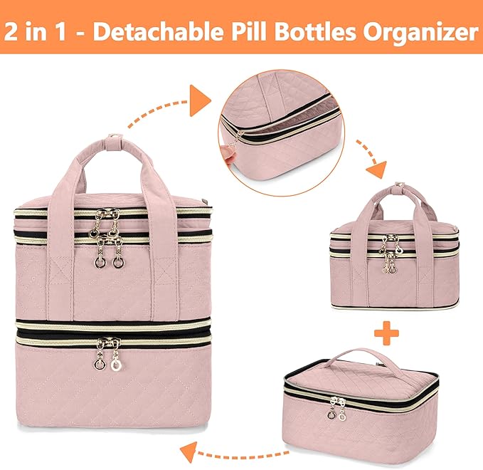 YARWO Pill Bottles Organizer Empty, Upgraded 3 Layers Medicine Storage Bag with Demountable Design and Dividers, Medication Travel Case for Pills, Vitamins, Masks, First Aid Supplies, Dusty Rose