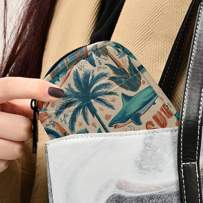 Vintage Beige Surfing Sharks Ans Palm Trees Travel Pill Organizer Case Box Container Weekly Portable Vitamin Medicine Holder Storage Bag with Zipper Removable