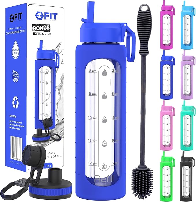FIT Strong & Healthy 32 oz Glass Water Bottle with Straw Lid - Wide Mouth Borosilicate Glass Water Bottles with Time Marker, Silicone Sleeve & Extra Lid - 1L Large Motivational Drinking Bottle
