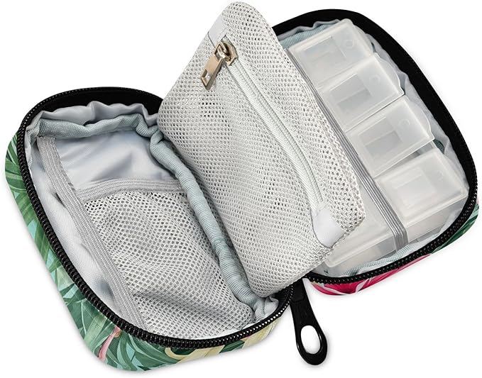 Tropical Flamingo Palm Leaves Pill Organizer Case Summer Floral 7 Day Travel Pill Box with Zipper Portable Weekly Vitamin Medicine Supplement Holder Pouch Bag