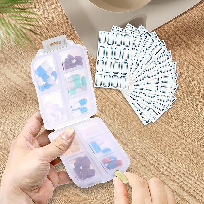 INVODA 12PCS 10-Compartment Pill Organizer BPA-Free Travel Pill Case with Daily Labels Portable Medicine Box for Vitamins, Supplements & Jewelry