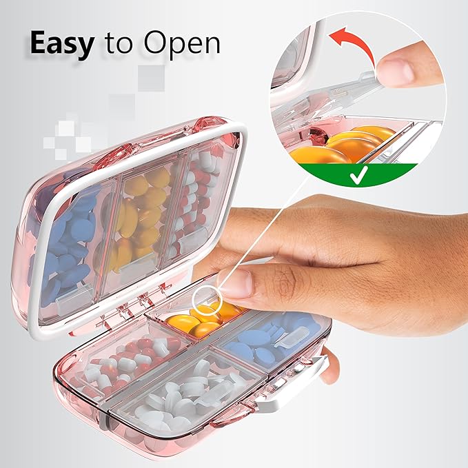 Travel Pill Organizer - Moisture Proof Portable Vitamin Holder with 7 Compartments, Compact Supplement Case for Purse Essential Medicine Kit fot Traveling Pocket Pharmacy with Labels, Pink