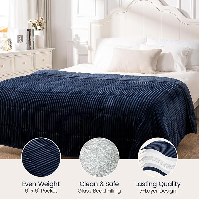 Sherpa Fleece Weighted Blanket with Ribbed Stripes for Adults, 15 lbs Dual Sided Cozy Warm Blanket for Couch Full Size Bed, Glass Beads Heavy Thick Blankets Great for Sleep, Navy Blue, 60" x 80"