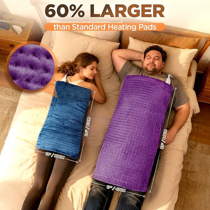 17''x33'' XXXL King Size Heating Pad with 4 Temperature Settings & 2 Auto-Off Countdown Timers, Pain Relief for Back/Neck/Shoulders/Abdomen/Legs, Christmas Gifts for mom dad (Purple)