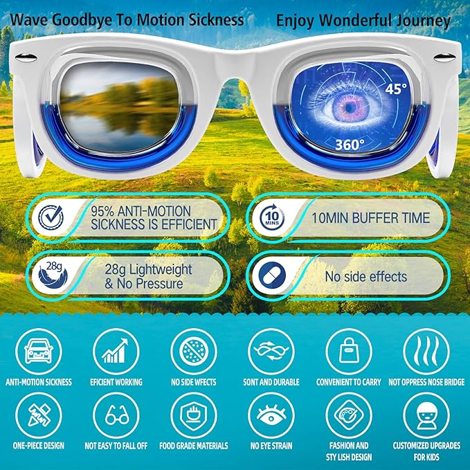 Hion Kids Anti-Motion Sickness Smart Glasses (for 3-8 Year Olds) – Ultra-Light Portable Nausea Relief Liquid Glasses for Carsickness, Airsickness, Seasickness – Kids Travel/Cruise Essentials (White)