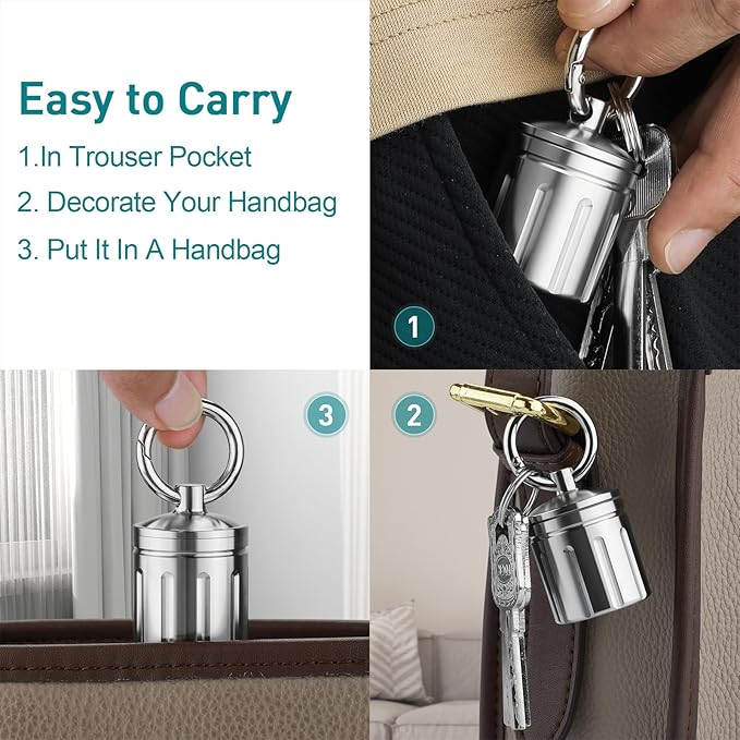 Waterproof Pill Organizer, Stainless Steel, Keychain, Portable Pill Container Single Chamber Box Outdoor Camping, Size: 1.2 x 1.2 x 1.65 inches