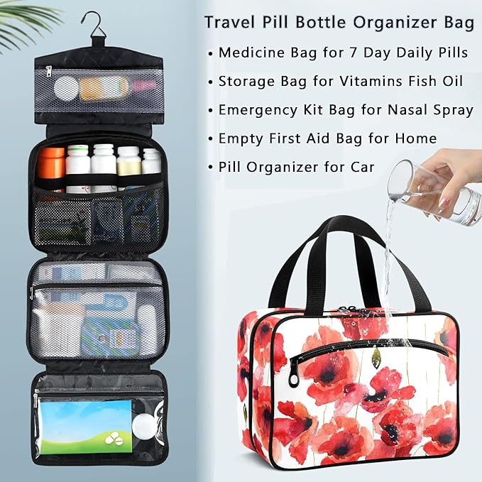 Naanle Pill Organizer Bag Travel Pill Bottle Medicine Organizer Home Storage Medication Bag for Vitamin Supplements, Watercolor Poppy Flower Empty First Aid Bag for Car Camping, 1.0 Count