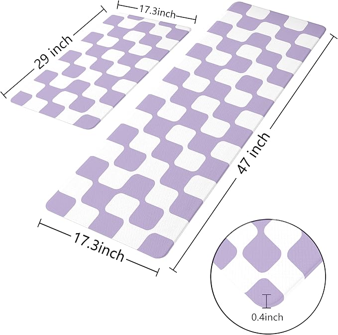 Modern Purple Retro Curvy Checkered Grid Checkerboard Kitchen Rug Sets [2 PCs], Anti-Fatigue, Waterproof Non-Slip Kitchen Mats Heavy Duty Comfort Foam Rug for Floor, Home, Laundry,17"x29"+17"x47"