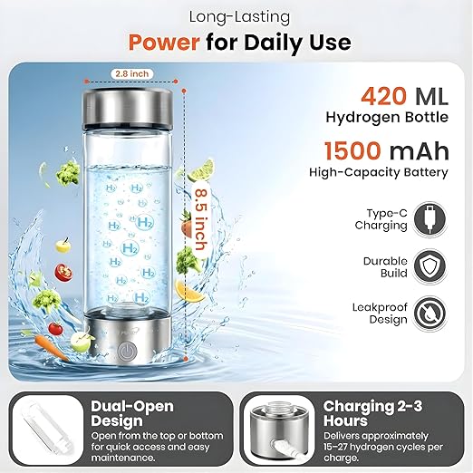 2026 Hydrogen Water Bottle, Up to 3100 PPB in 3 Mins, SPE PEM Tech, 1500mAh Rechargeable Portable Hydrogen Water Bottle, 420ml/14OZ for Travel, Gym, Home, Office, Daily Use | Gift for Family & Friends