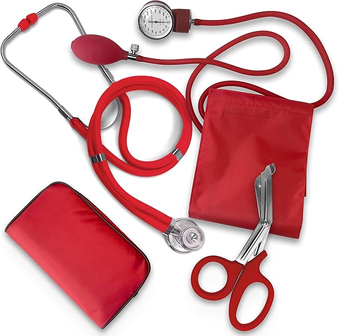 ASA TECHMED Nurse EMT Starter Pack Stethoscope, Blood Pressure Monitor and Trauma 7.5" EMT Shear Ideal Gift for Nurses, Medical Students, Firefighters, Police and Personal Use (Red) Standard