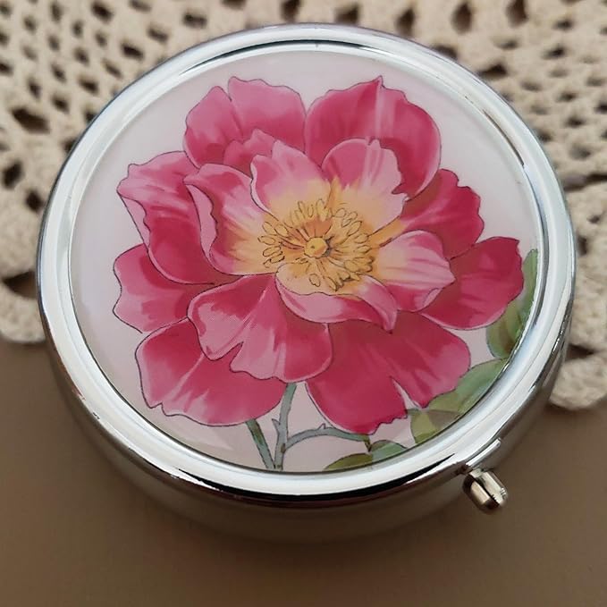 Designer Pill Box by Houder - Decorative Pill Case with Gift Box - Carry Your Meds in Style (Pink Flower)