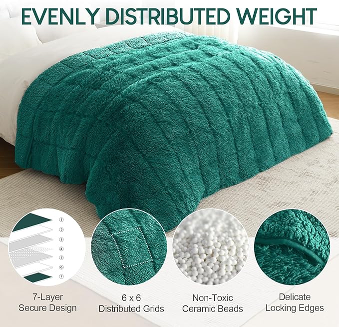 Cottonblue Weighted Blanket 15lbs for Twin Bed, Faux Fur Sherpa Weighted Blanket for Adults, Plush Cozy Bed Heavy Blanket for Calm and Relax,Forest Green, 48x72 inches