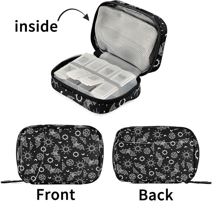 Travel Pill Organizer Bag Weekly Pill Organizer Case Bats Moons and Stars Portable Small Daily Pill Boxes for Vitamin Fish Oils Supplement Holder with Zipper Compact Size