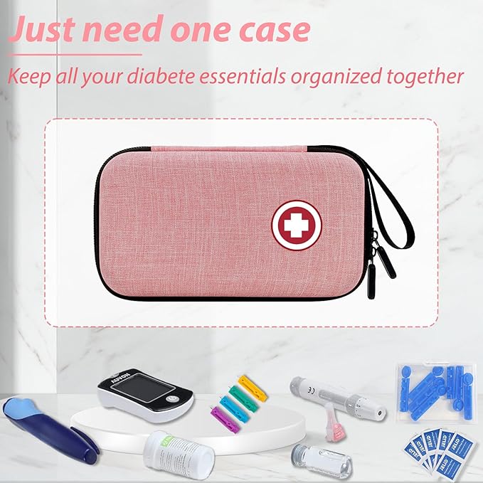 Diabetic Supplies Travel Case, Carrying Case Organizer For Diabetes Testing Kit, Blood Glucose Monitor Kit with Meter, Blood Sugar Test Strips, Lancets, Lancing Device, Alcohol Wipe