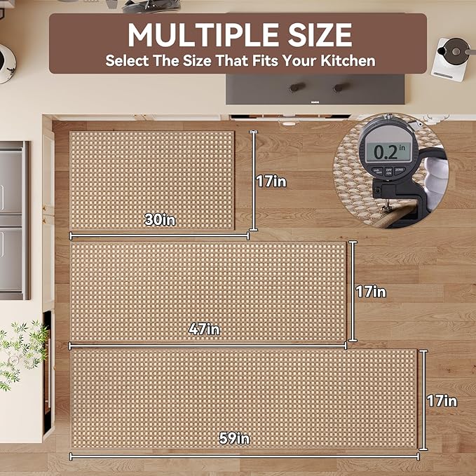 Kitchen Mat Kitchen Rugs Sets of 2 PCS Non Slip Washable, Super Absorbent Soft Braided Kitchen Mats for Floor, Rubber Backing Comfort Standing Kitchen Sink Mat Runner Rug, Brown 17"x28"+17"x59"