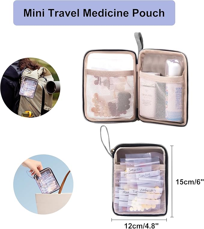 Medicine Storage Bag Pill Bottle Organizer with Portable Small Pouch Travel Medication Bottle Organizer for Emergency Home First Aid Box Kit (Gray)