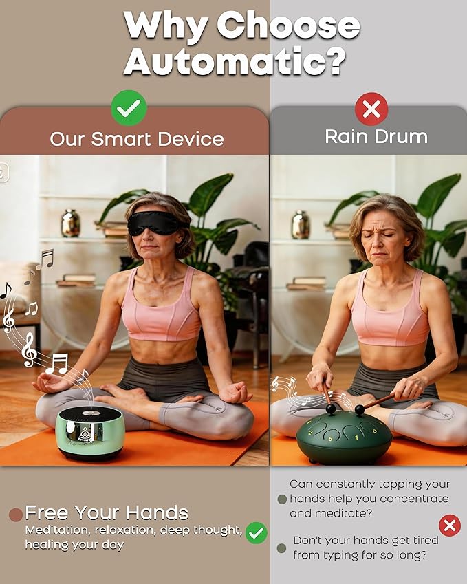 Rain Drum Alternative–PUVIDJUT M3 Musical Instruments with Meditation Chime,5 Solfeggio Frequencies (417-639Hz), for Inner Peace, Deep Sleep & Chakra Healing, USB-C Rechargeable (Green)