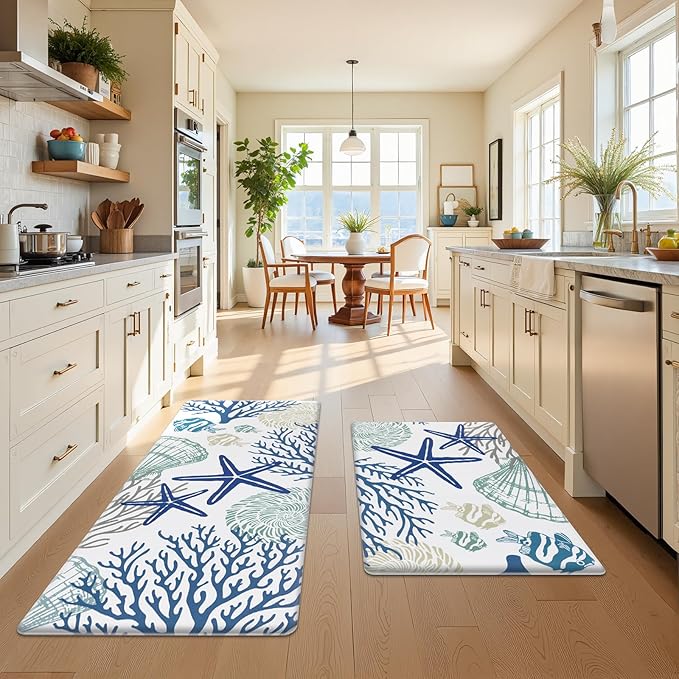 SHACOS Coastal Kitchen Rugs Set of 2 Anti-Fatigue Kitchen Mats Summer Cushioned Mats with Sea Themed White Blue Starfish Shell Coral Tropical Fish 17x27.5+17x47, Coastal Beach