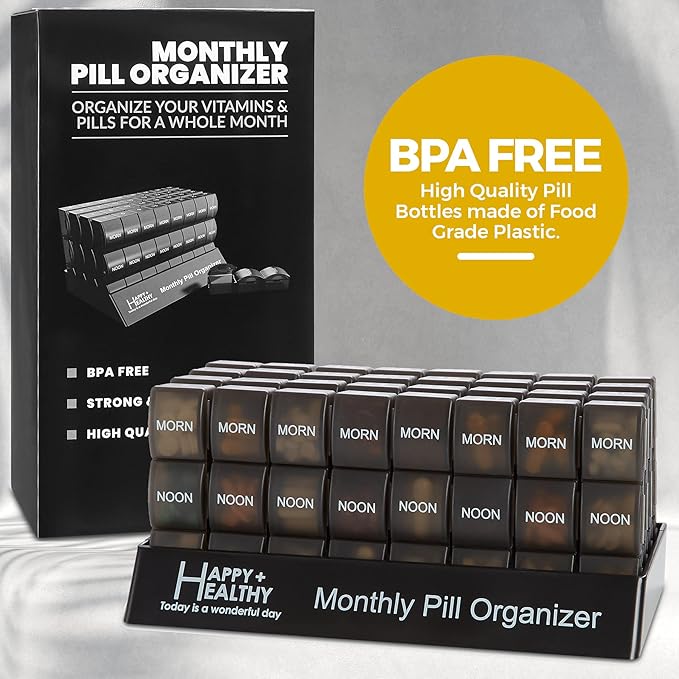 Month Pill Box Organizer - 32 Compartments | Morning-Noon-Night - 30 Day Pill Case with 32 Daily Compartments for Vitamins, Supplements, Medication - Travel Monthly Pill Organizer 3 Times-a-Day, Black