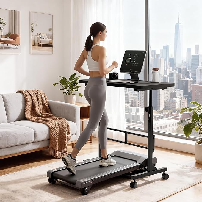 Furmax Small Portable Standing Desk Adjustable Height, Mobile Stand Laptop Computer Workstation with Lockable Wheels for Walking Pad Treadmill (Black)