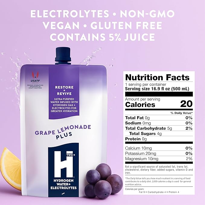 HTWO Plus Molecular Hydrogen Water with Electrolytes, Grape Lemonade Flavor, Sugar Free Hydration Packets, 16.9oz 6 Pack, Energy Sports Drink, Performance & Recovery Support, Alternative to Hydrogenated Tablet - no Prep/Mess, 15 ppm