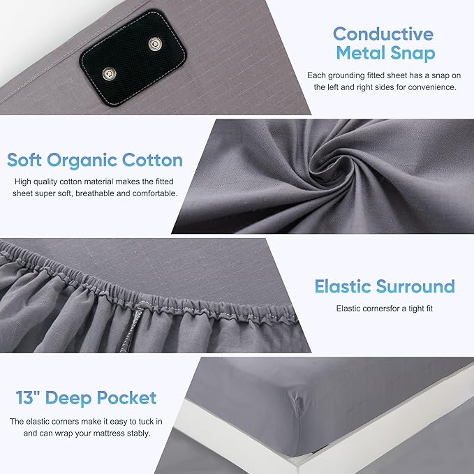Grounding Sheets FullXL Size, 95% Organic Cotton + 5% Pure Silver Fiber, Grounded Sheet Earth Connected Bedding (FullXL- 54"x 80"x 13" Gray) Fitted Earth Sheets with Grounding Cord
