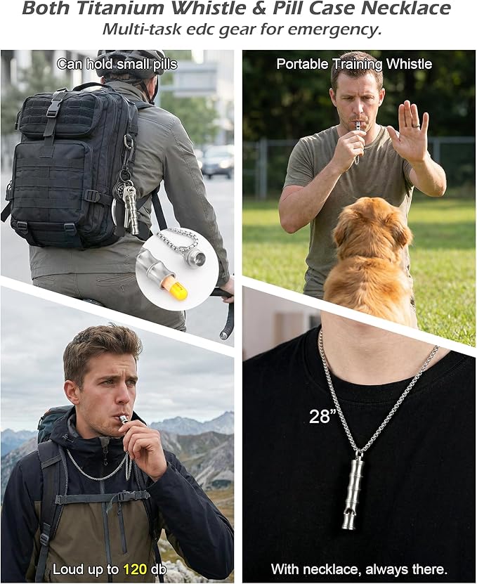 Titanium Pill Holder Necklace Whistle Mini Keychain Nitro Pill Case Loud Emergency Whistle for EDC Safety Backpacking Survival Hiking Camping Pets Training