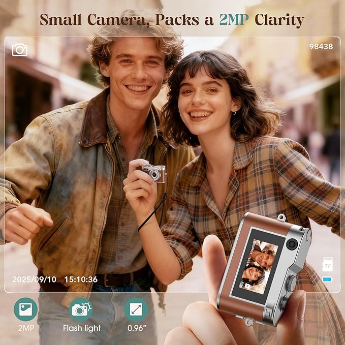 Mini Digital Camera, Keychain Camera 1080P HD with 2MP Lens, Flash, Video Recording, 32G Card Included, Portable and Compact Retro Vlog Camera for Travel, Kids, Brown