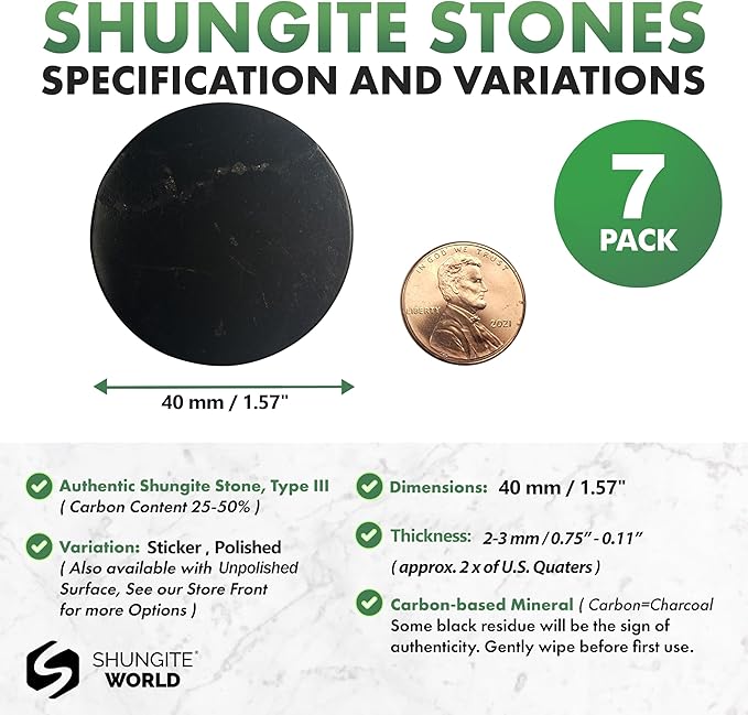 7 pcs Authentic Shungite Stickers Polished 40 mm / 1.57" Genuine Healing Energy Stone Protection Plate for Cell Phone Case Tablet Laptop Computer Noble Gemstone Protector Crystal