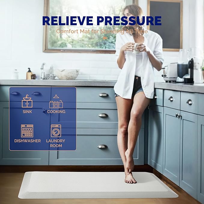 FEATOL Anti Fatigue Mats for Standing, 9/10 Extra Thick Ergonomic Standing Desk Mat, Comfort Memory Foam Standing Mat at Home,Office All Day (20" x 48", White, 2PC)