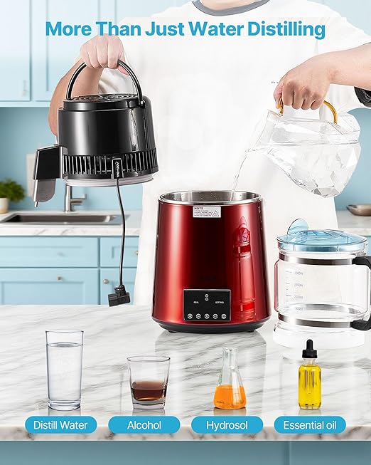 VEVOR 1750W Water Distiller, 0.4Gal/H Distilled Water Maker with Glass Carafe, 4L/1.1Gal Countertop Distiller Machine, 0-99H Time Temp Dual Display, Anti-dry Design 304 Stainless Steel Still, Wine Red