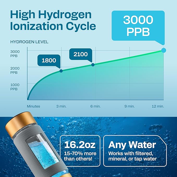 Hydrogen Water Bottle | Large 16.2 oz (480 ml) Hydrogen Water Bottle Generator 3000 ppb | Hydrogenator Machine | SPE/PEM Hydrogenated Ionizer Generator (Golden w/Gray)