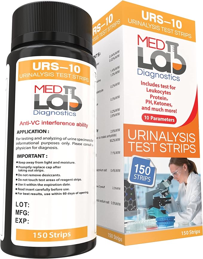 Med Lab Diagnostics 10 Parameter Urine Test Strips for Urinalysis(150 Cnt) in Sealed Pouches. Tests for Ketosis, pH, Protein, UTI, Kidney and Liver Function