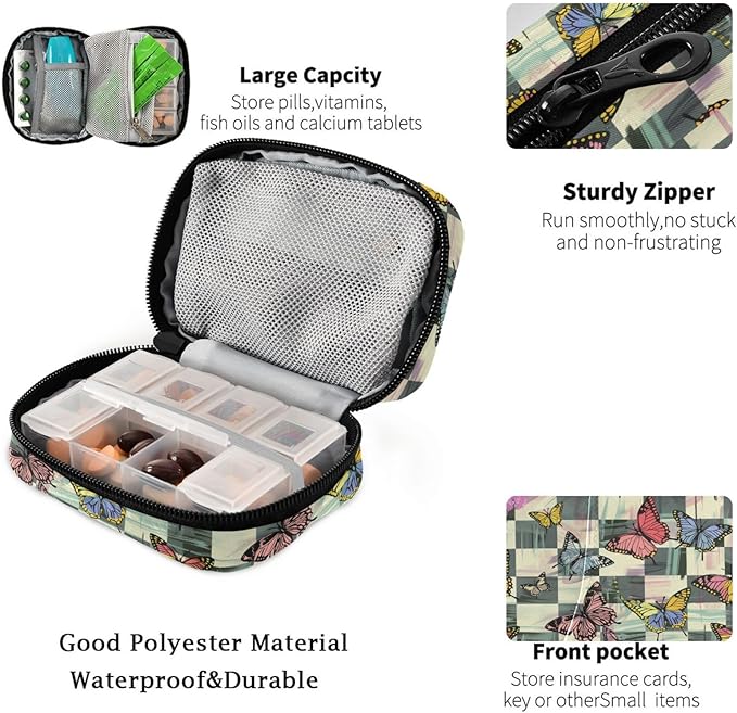 Fustylead Colorful Monarch Butterflies Print Over Checkers Background Travel Pill Case Bag with Zipper Weekly Pill Box 8 Compartments 7 Day Personal Pill Case Purse Medicine Case Organizer