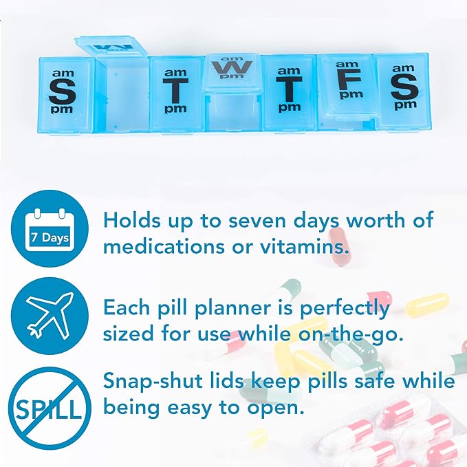 Apex 7 Day XXL Twice-A-Day Weekly Pill Organizer, Weekly Pill Organizer, Daily, Easy-Open, See-Through Lids, Organize Medication or Vitamins - Assorted Colors