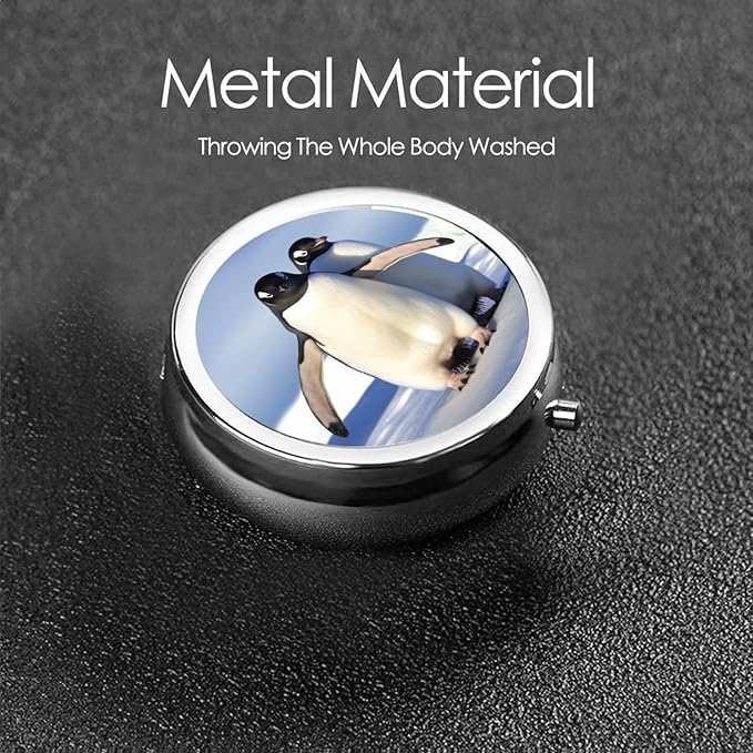 Pill Box Cute Penguin Round Pill Case 3 Compartment for Purse Cute Metal Pill Organizer Portable Travel Pillbox Mini Small Pill Container Holder to Hold Vitamins Fish Oil Supplements