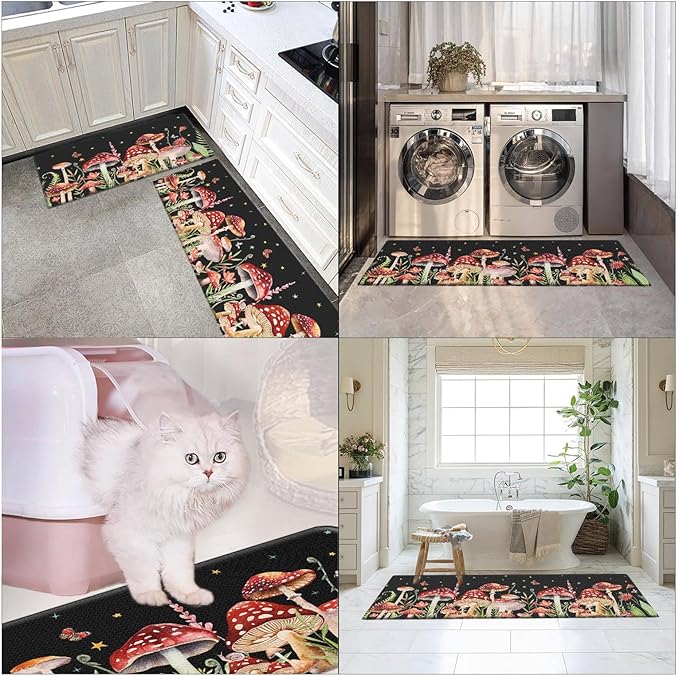 Arttown Black Anti-Fatigue Kitchen Rug Set of 2 Mushroom Floral Red Cushioned Floor Standing Mat Waterproof Non-Slip Mat and PVC Ergonomic Comfort Foam Rug