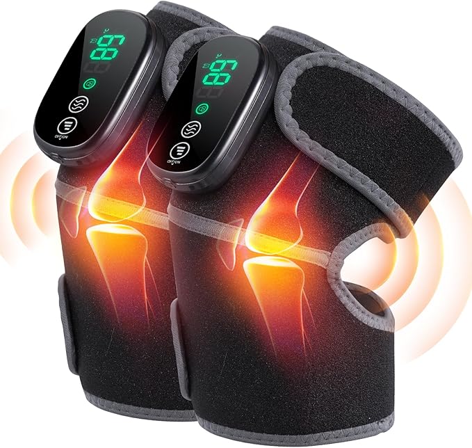 Cordless Heated Knee Massager, 3-in-1 Knee Heating Pad with Heat Vibration, Electric Heated Knee Brace with 3 Heat Levels and 3 Massage Modes &Timer, Gifts for Men Women (2 PCS)