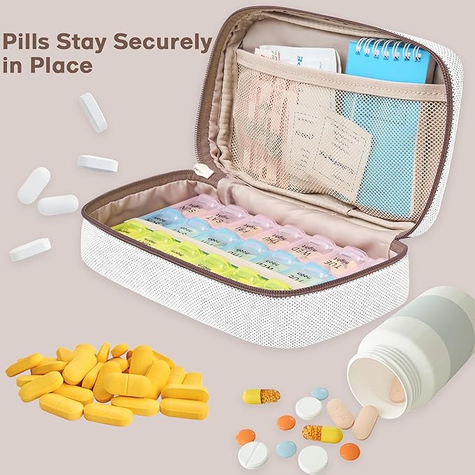 Weekly Travel Pill Organizer 2 Times A Day Pill Case for Purse with Removable AM PM 7 Day Pill Box,Cute Medication Organizer Pill Container for Medicine, Vitamin, Fish Oils,Supplement (Brown, Medium)