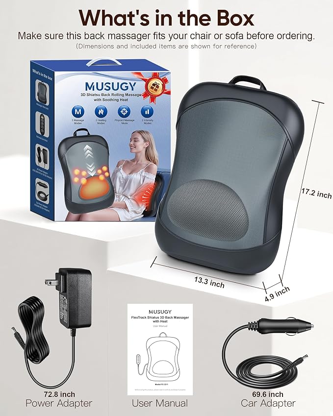 Shiatsu Back Massager with Heat : Up & Down Rolling Massage– Kneading Massager for Back Pain Relief Deep Tissue - Adjustable Intensity and Heat for Office Workers, Seniors, and Daily Comfort