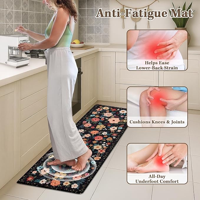 Arttown Kitchen Mats for Floor 2Pcs-Anti Fatigue Non Slip Mats for Kitchen Floor, Cushioned Waterproof & Stain-Resistant Boho Floral Mat Set, Laundry Room, Office, Sink, Desk (Black)