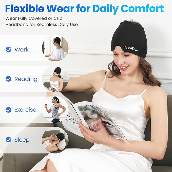 Migraine Relief Cap, Reusable Headache Relief Cap with Hot & Cold Therapy, Soothing Headache Hat, Odorless Gel Ice Head Wrap for Tension, Stress & Sinus, Headache & Puffy Eyes