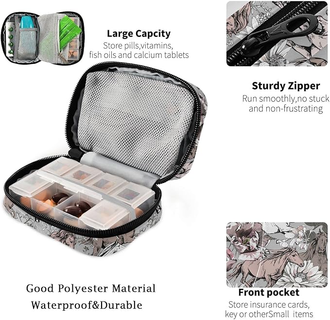 Fustylead Running Horses and Flowers Travel Pill Organizer Case Zipper for Purse with Removable Weekly Pill Box for Medicine, Vitamin, Supplement Medicine Organizer