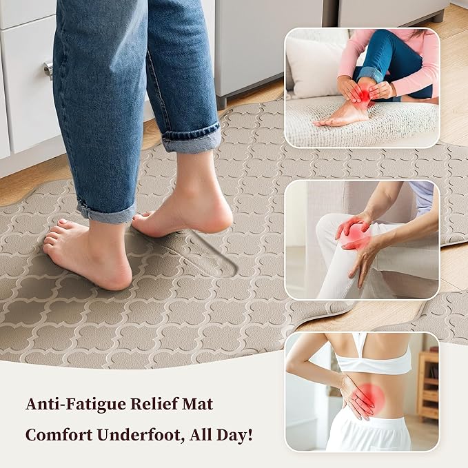 Upgrade Scalloped Embossed Kitchen Mats for Floor 2PCS Cushioned Anti Fatigue Waterproof Foam Kitchen Rugs Non Slip Washable Comfort Standing Mat for Sink Laundry,17.3"x30"+17.3"x59",Khaki