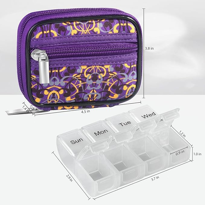 Pill Case Weekly Travel Pill Organizer for Purse with Removable 7 Day Pill Box Premium Neoprene Pill Container for Travel Purse Accessory, Vitamin, Supplement, Small Pieces Arrangement-Purple