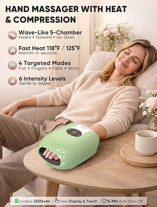 Hand Massager with Heat and Compression : Cordless Heated Hand and Wrist Massager for Palm, Fingers, and Comfort Relief – 4 Modes 6 Intensities, Portable Rechargeable, Wife Husband (Green)
