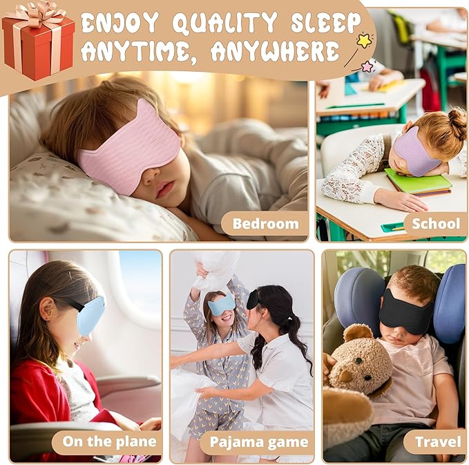 Kids Sleep Mask Eye Mask: 3D Contoured Cup Sleeping Masks, Blindfold with Adjustable Strap, Kids Eye Cover for Boys, Girls, Teens, Pressure-Free with Memory Foam Face Mask for Sleeping (Black)